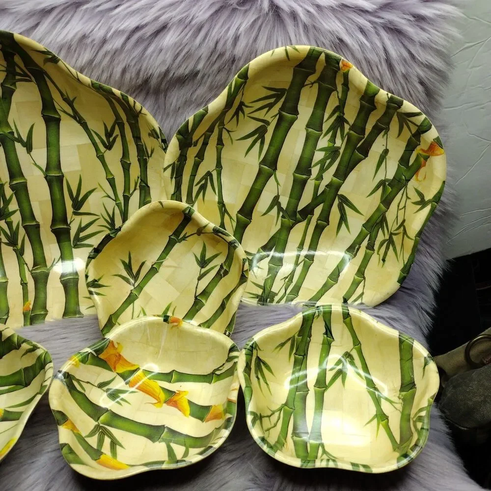 Set of 6 Pale Woven Wood Nesting Serving Dishes Decorated With Green Bamboo Stem
